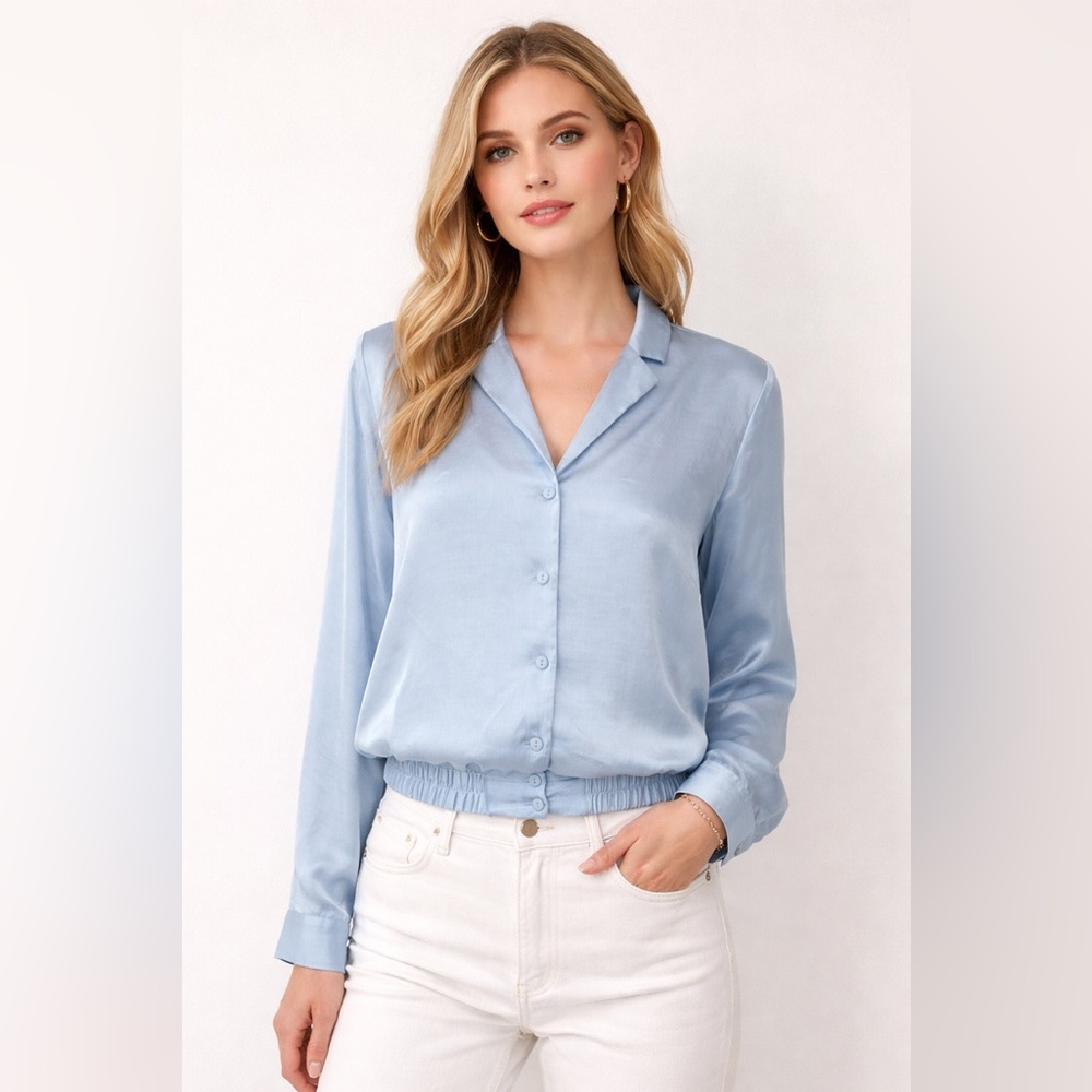 H&M Blue Satin Blouse “Don’t Worry” Embroidered Back Button Shirt Size 4